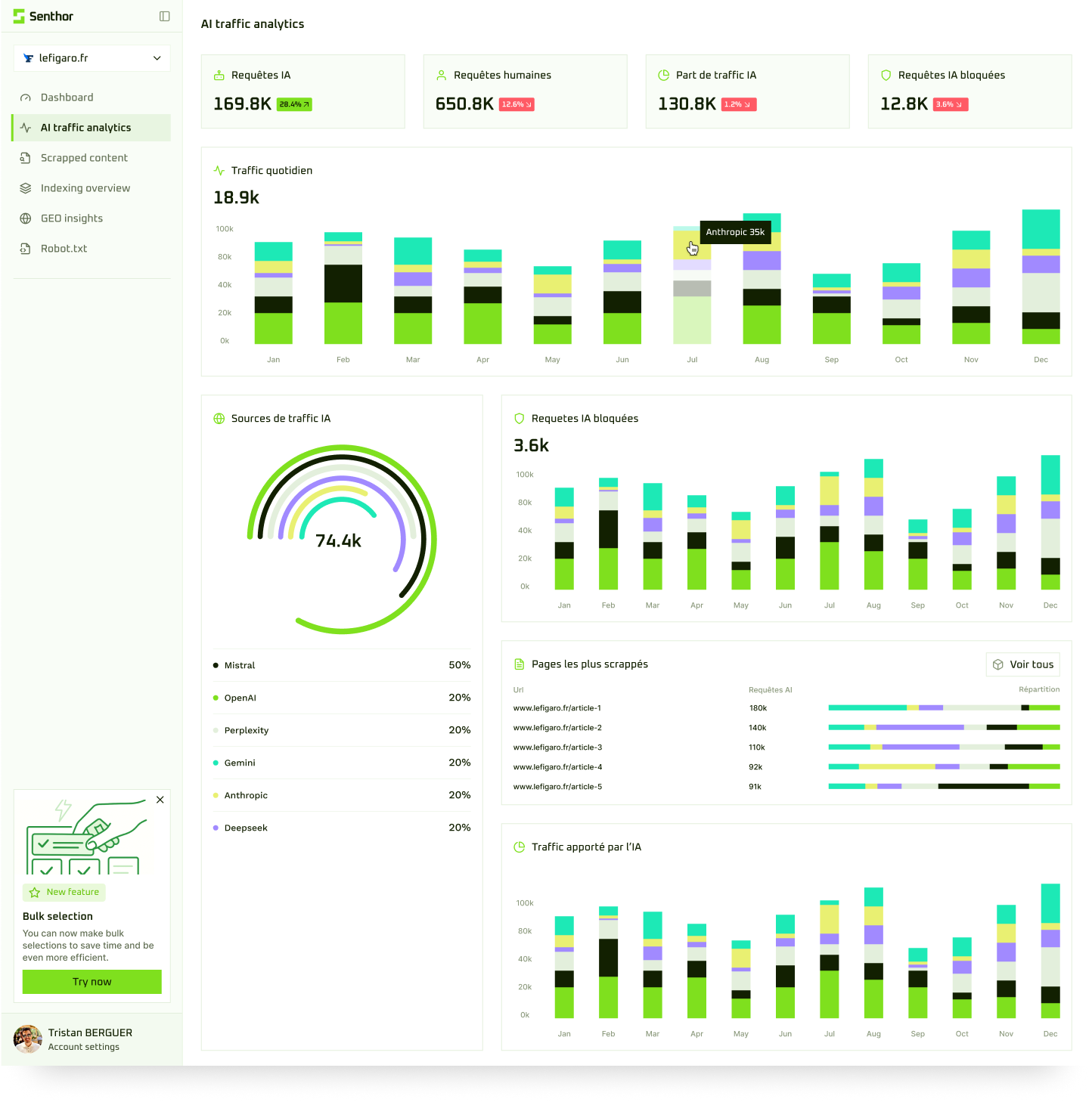Senthor interface detecting AI traffic invisible to Google Analytics