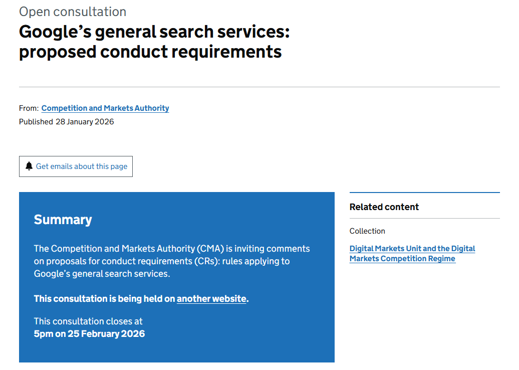 UK Competition and Markets Authority logo with consultation document dated January 28, 2026 imposing Conduct Requirements on Google for publisher data control in AI Overviews